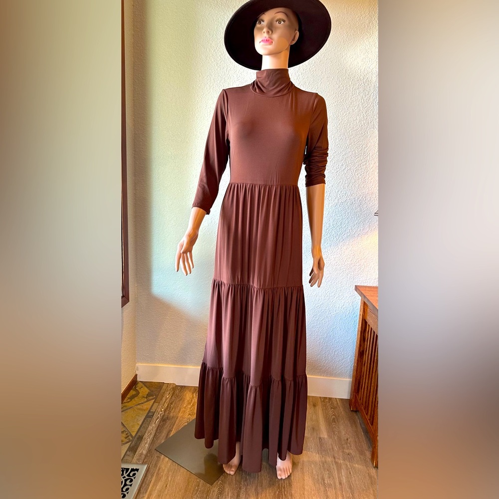 VENUS Chocolate Long Sleeve Dress with open back and mock neck